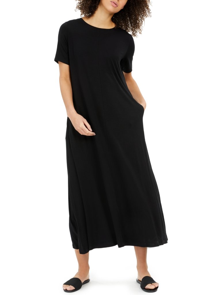 Nwt Eileen Fisher Size Medium Black Jersey A-Line Short Sleeve Midi Dress New